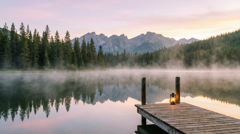 国产自拍旅行传媒-晨雾中的山湖秘境